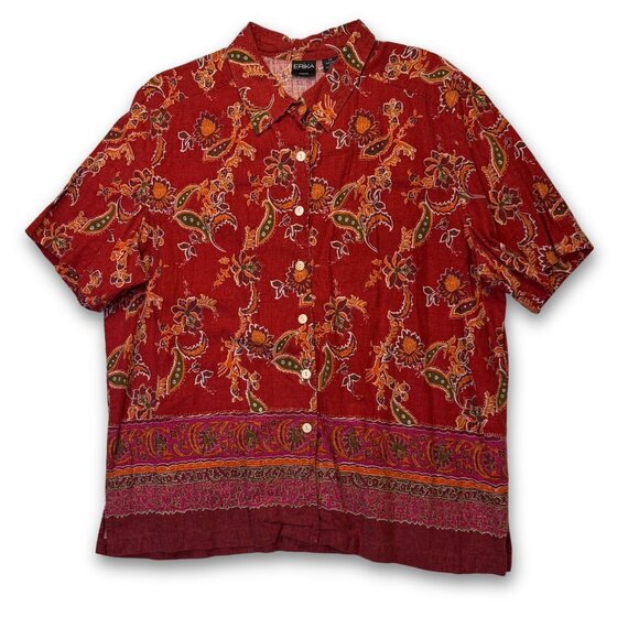 Erika Tops - Vintage Printed Boho Linen Button Up | Women's 2X | Erika